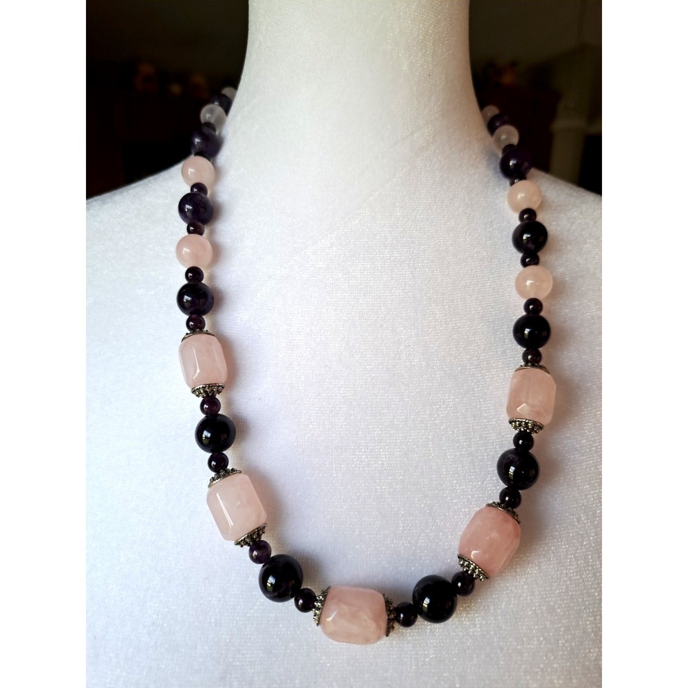 Fashion Jewelry Gemstone Beaded Necklace Amethyst Rose Quartz Silver Tone Spacer